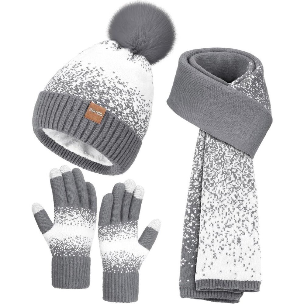Women's Grey White Winter Beanie Hat Scarf Gloves Set Pom Warm Christmas Gift